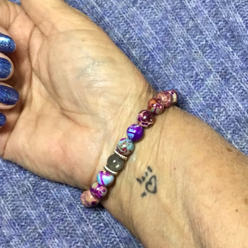 Boho Marbled Glass Bead Stretch Bracelet – Purple, Pink, Jadeite & Turquoise